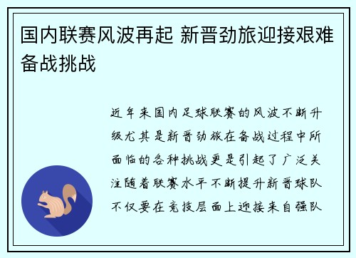 国内联赛风波再起 新晋劲旅迎接艰难备战挑战
