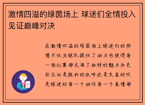 激情四溢的绿茵场上 球迷们全情投入见证巅峰对决