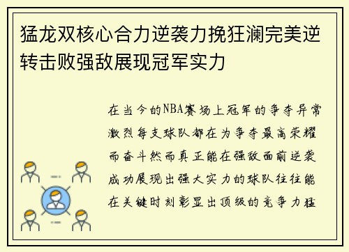 猛龙双核心合力逆袭力挽狂澜完美逆转击败强敌展现冠军实力