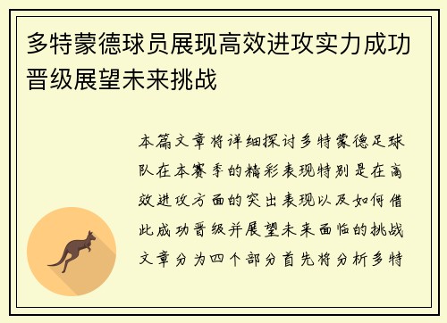 多特蒙德球员展现高效进攻实力成功晋级展望未来挑战