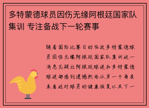 多特蒙德球员因伤无缘阿根廷国家队集训 专注备战下一轮赛事
